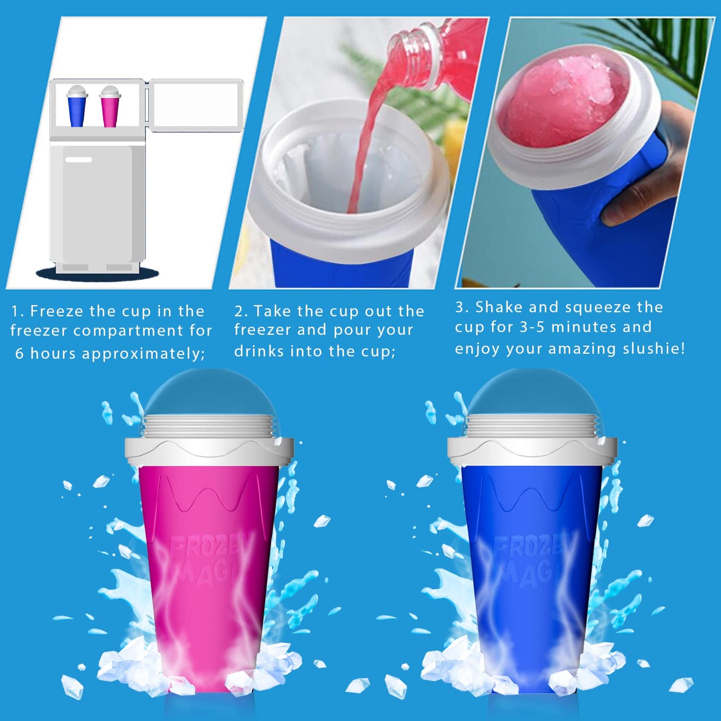 Slushie Maker Cup, Double Layer Squeeze Cup Slushy Maker, Slushy Maker Cup, Slushie Squeeze Cup, 300ml Slushie Maker Cup for Homemade Milkshake, DIY Smoothie Maker for Kids (BLUE)